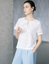 Geometric Lace Knit Tie-Neck Short Sleeve Top