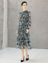 Abstract Print Belted Long Sleeve Midi Dress