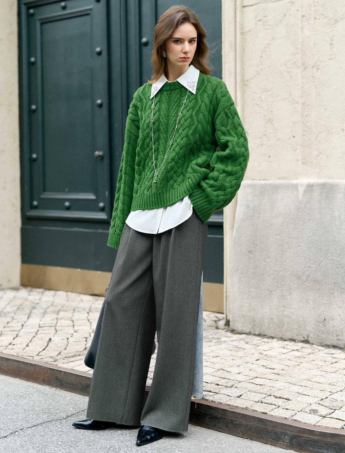 Emerald Wool Cable-Knit Oversized Sweater