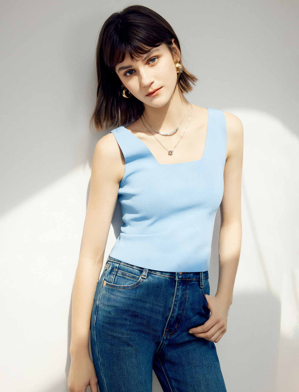 Solid Square Neck Wide Strap Knit Tank Top