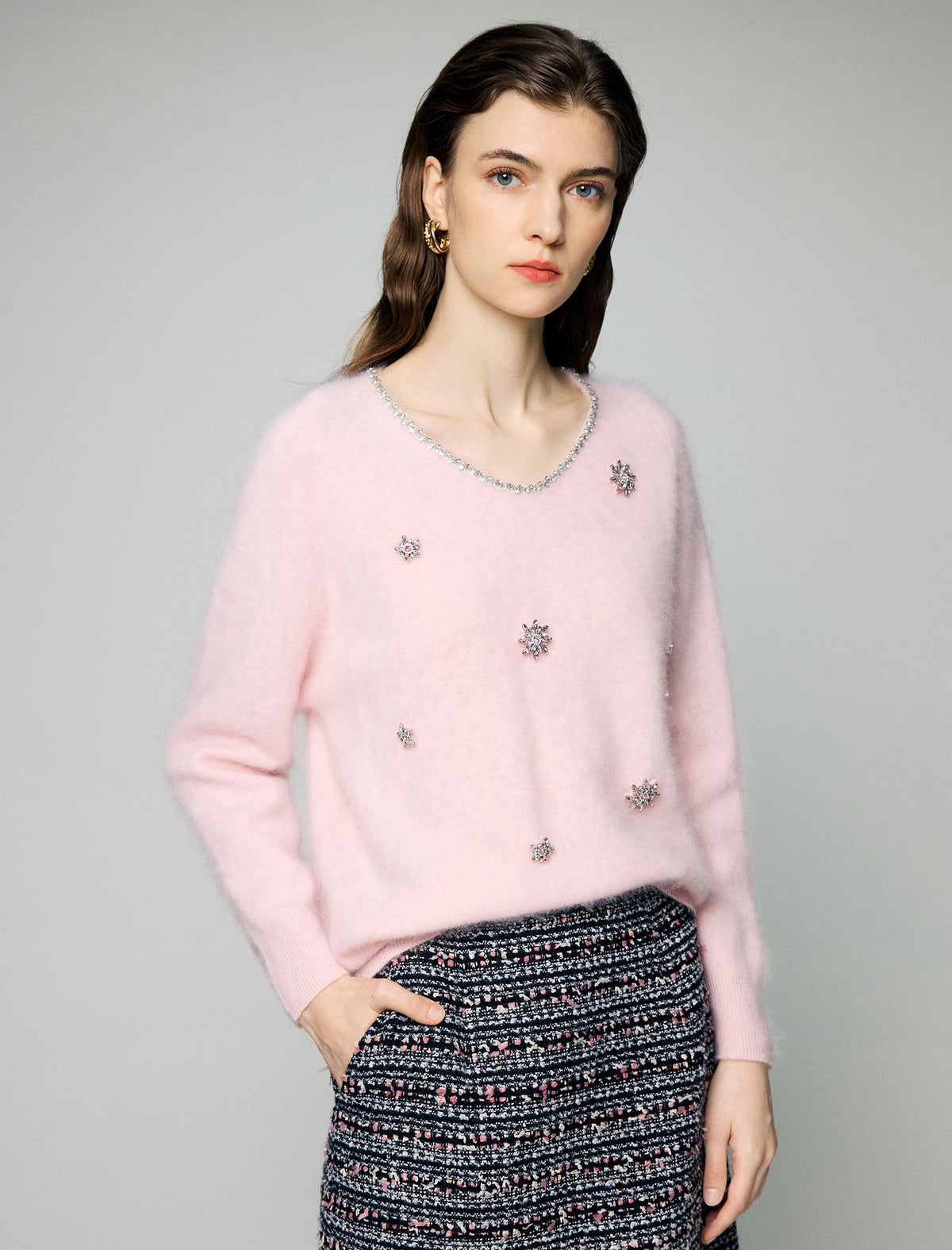 Wool and Mulberry Silk Blend Beaded V-Neck Sweater
