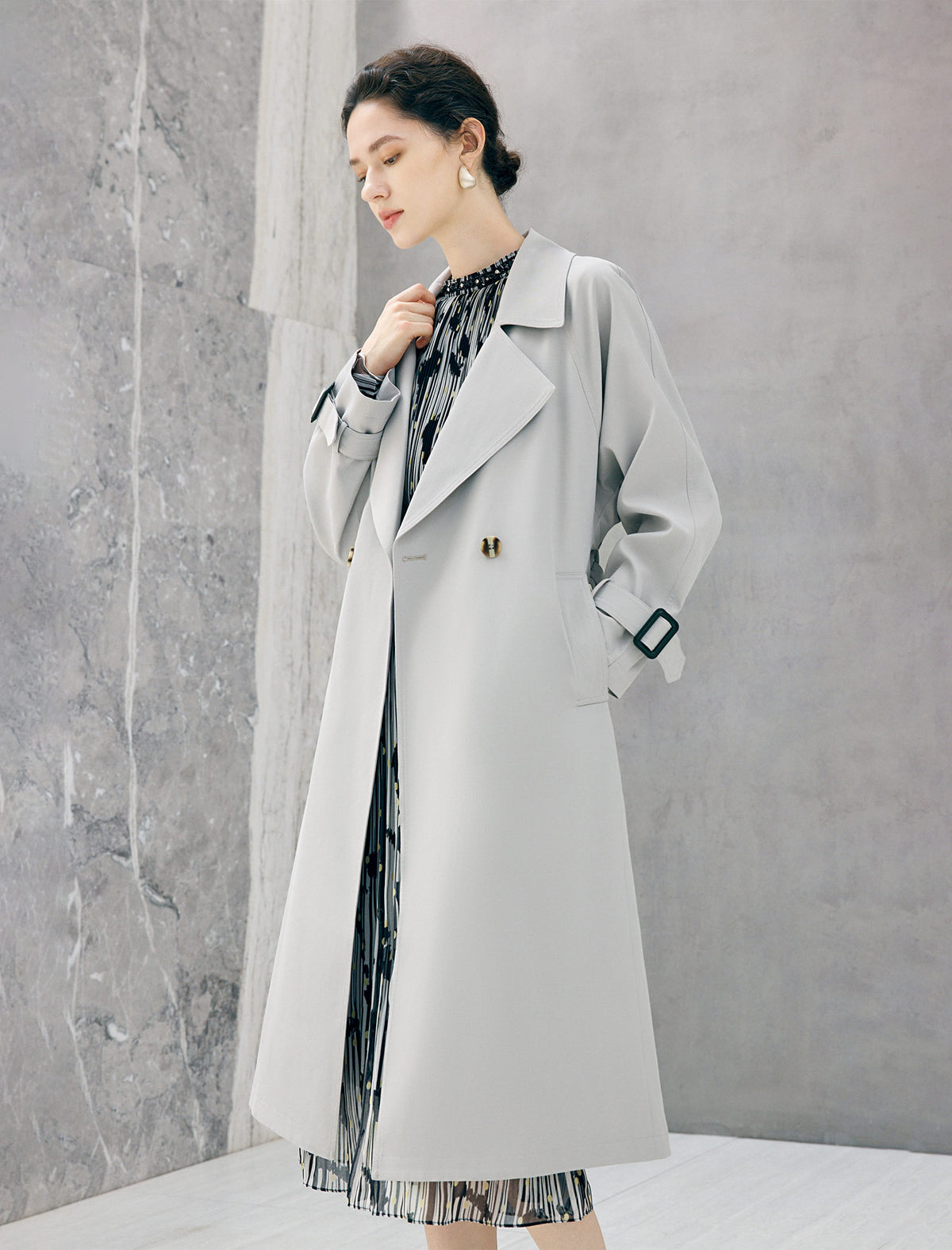 Double Breasted Midi Trench Coat with Waist Belt