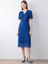 Lace Floral V-Neck Puff Sleeve Midi Dress