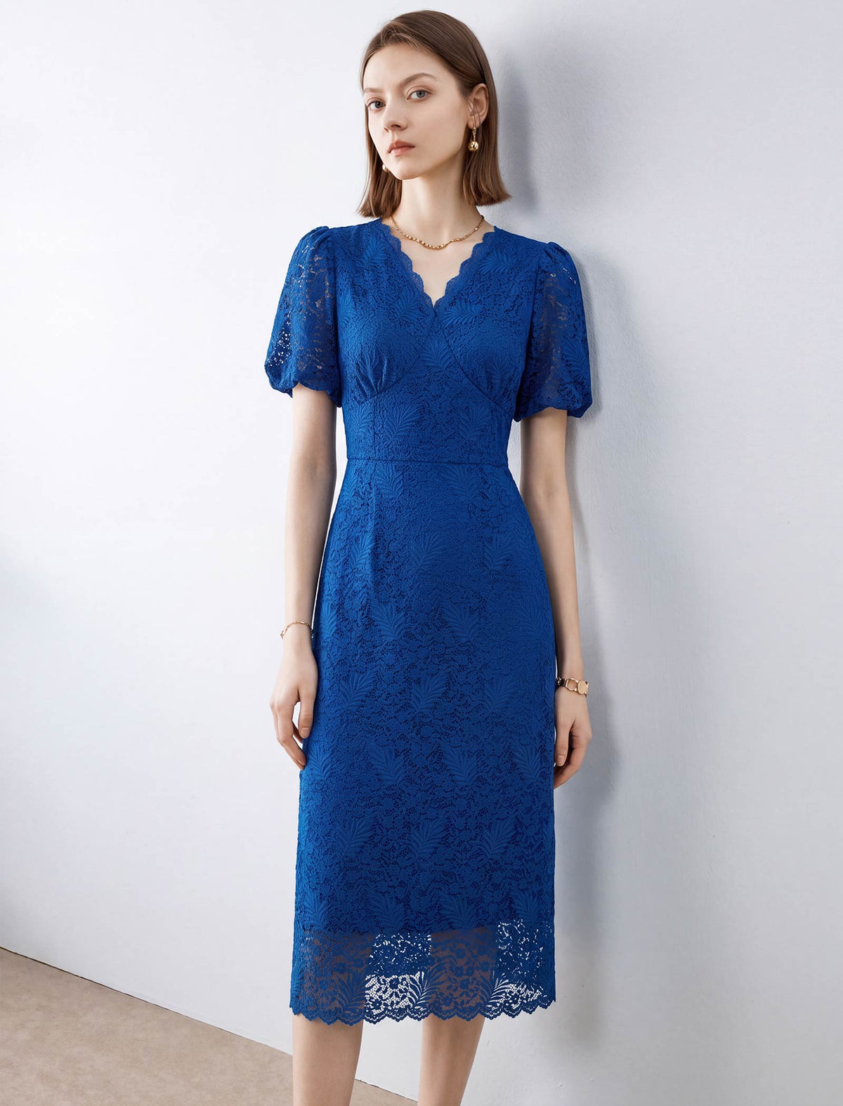 Lace Floral V-Neck Puff Sleeve Midi Dress