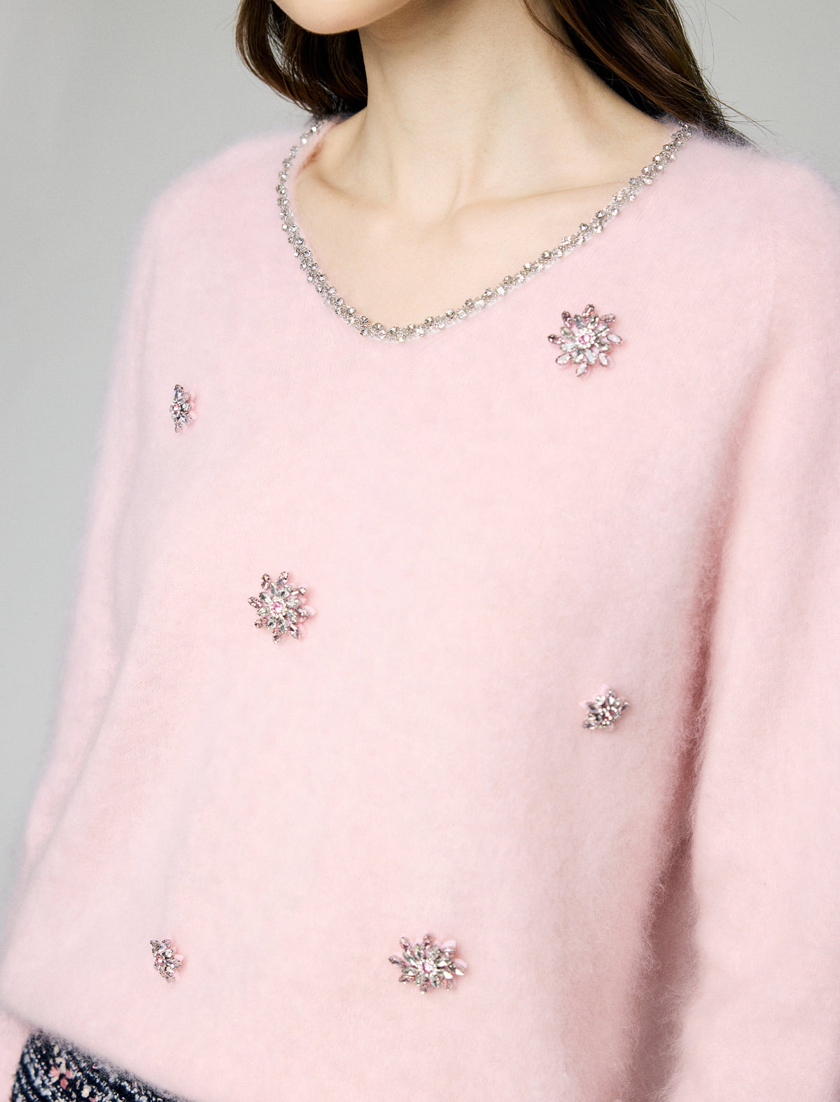 Wool and Mulberry Silk Blend Beaded V-Neck Sweater