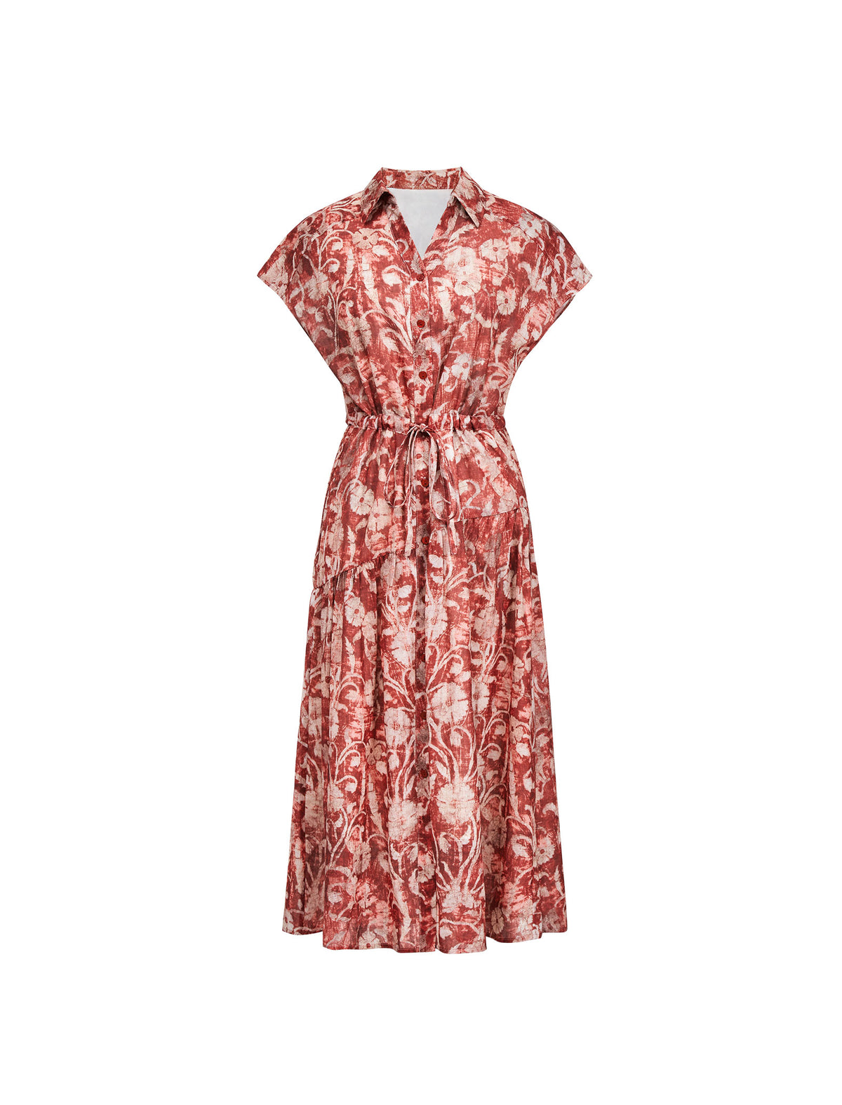 Rust Red Tie-Dye Floral Print Button-Down Midi Shirt Dress