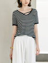 Striped V-Neck Short Sleeve Knit Top