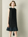 Black Tweed Wool-Blend Ruffle Hem Sleeveless Shift Dress