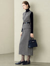 Gray Herringbone Wool-Blend Tweed Midi Skirt