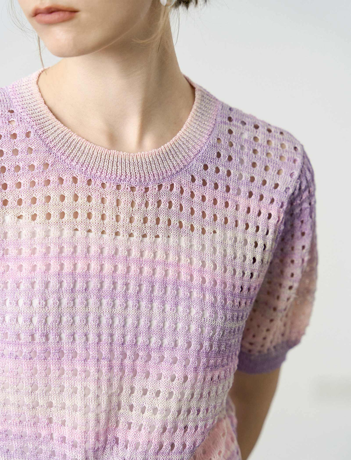 Gradient Hollow-Knit Short-Sleeve Knit Blouse