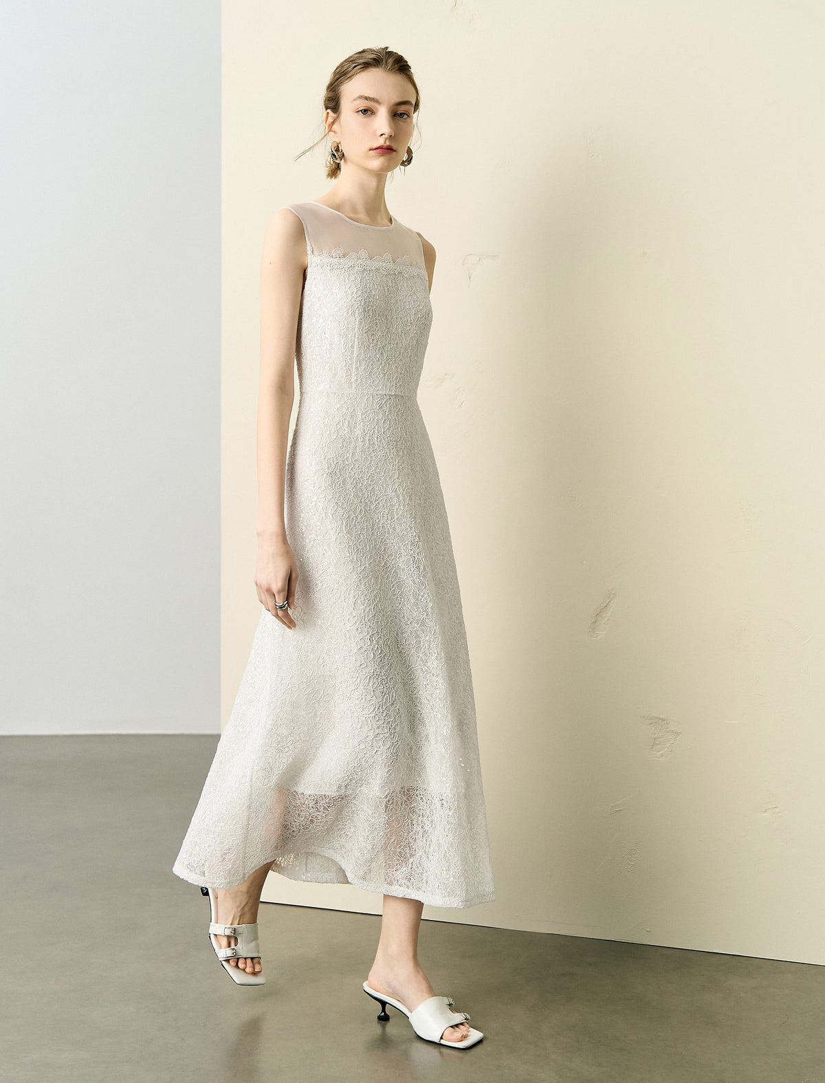 Sheer Neckline Lace Midi Dress