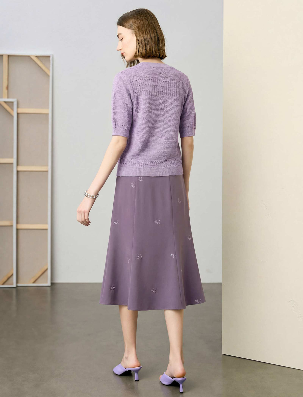 Lavender Floral Intarsia Short Sleeve Knit Top
