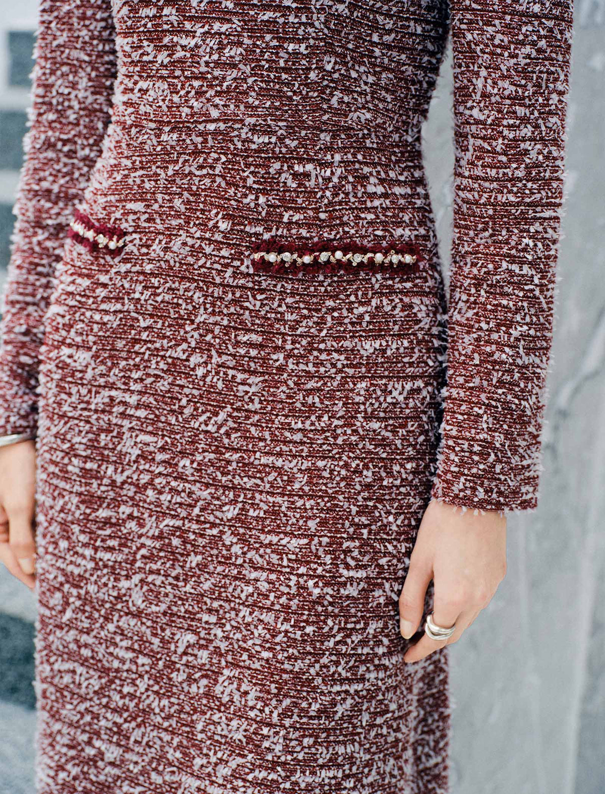 Pearl Trimmed Tweed Style Sheath Dress