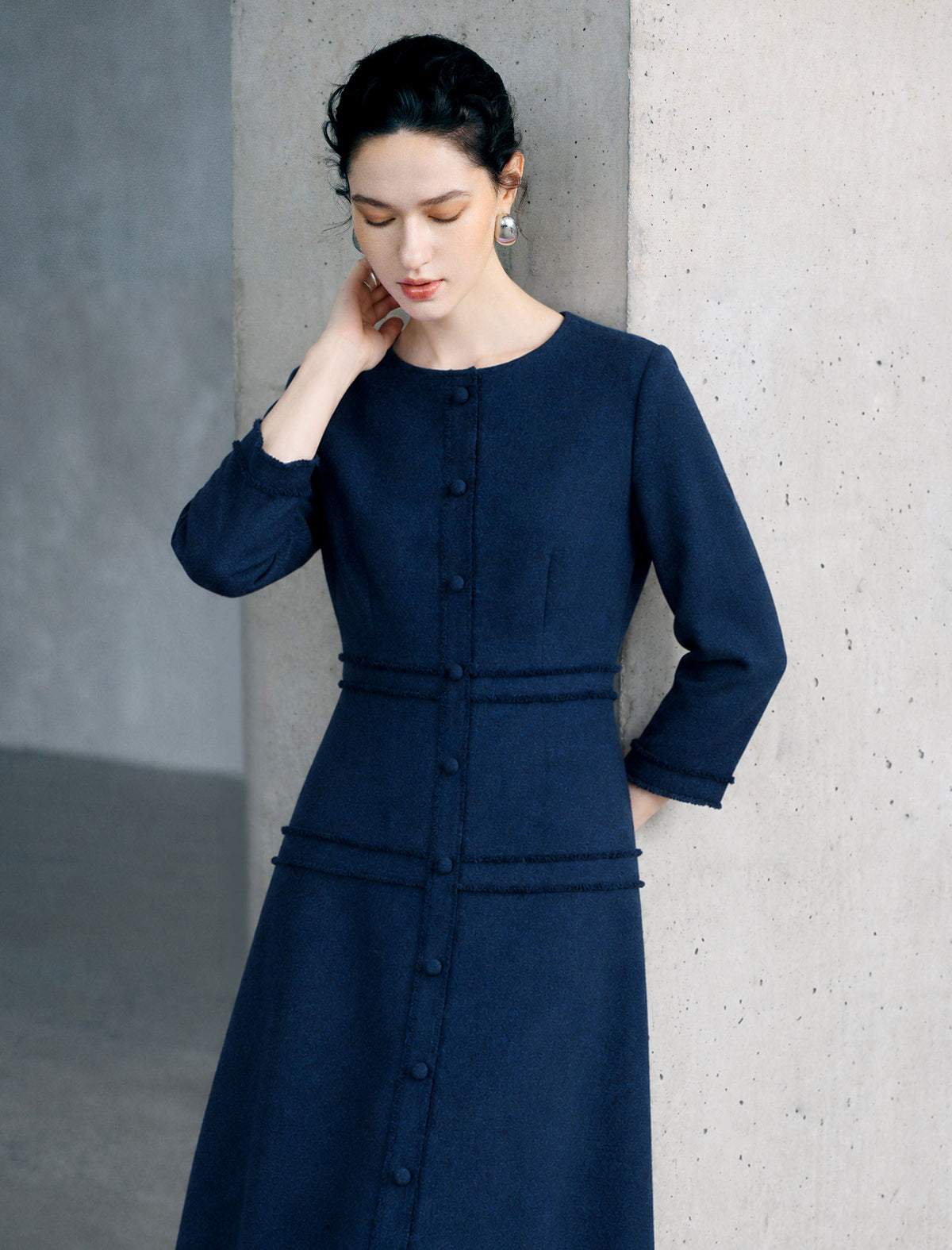 Sculpted Navy Texture Fringe Trim Midi Dress