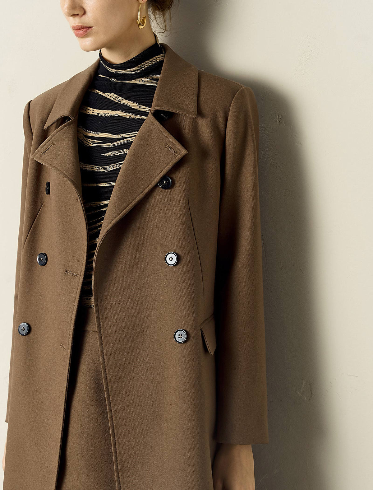 Brown Double-Breasted Notched-Lapel Trench Coat