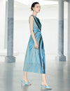 Watercolor Blue Twist Waist Sleeveless Midi Dress