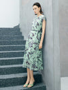 Mint Green Leaf Print Tie Waist Midi Dress