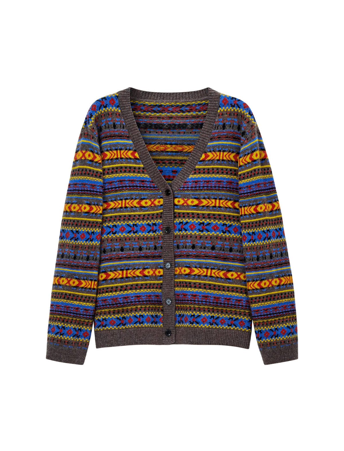 Wool Blend Fair Isle Patterned V Neck Knit Cardigan