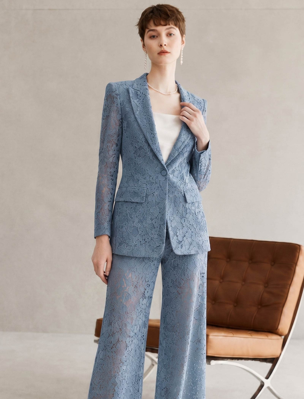 Dusty Blue Lace Wide-Leg Pants