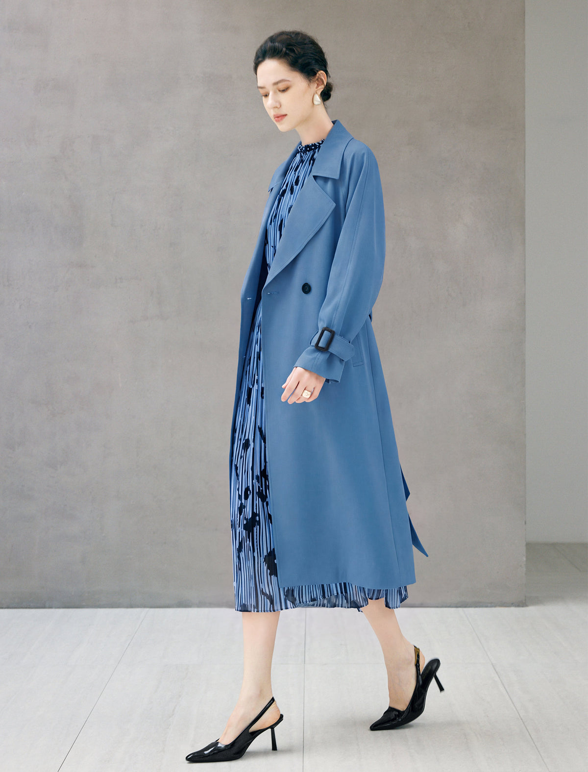 Double Breasted Midi Trench Coat with Waist Belt