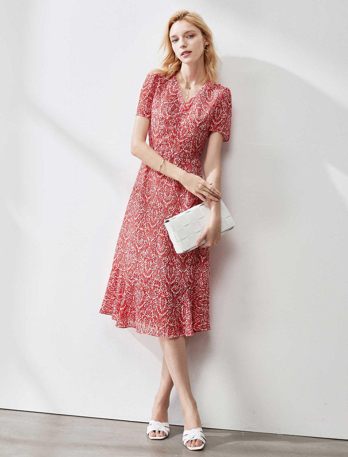 Romantic Ruffled Floral Chiffon Midi Dress