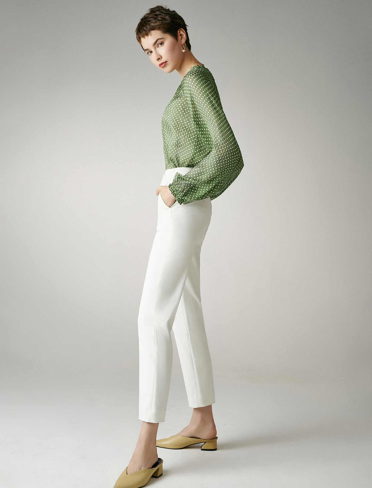 Chiffon Polka Dot Lantern Sleeve Blouse