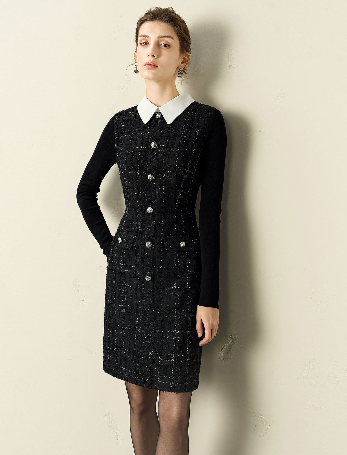 Doll Collar Waist-Defining Long-Sleeve Short Dress