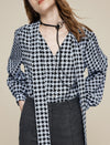 100% Mulberry Silk Houndstooth Tie-Neck Blouse