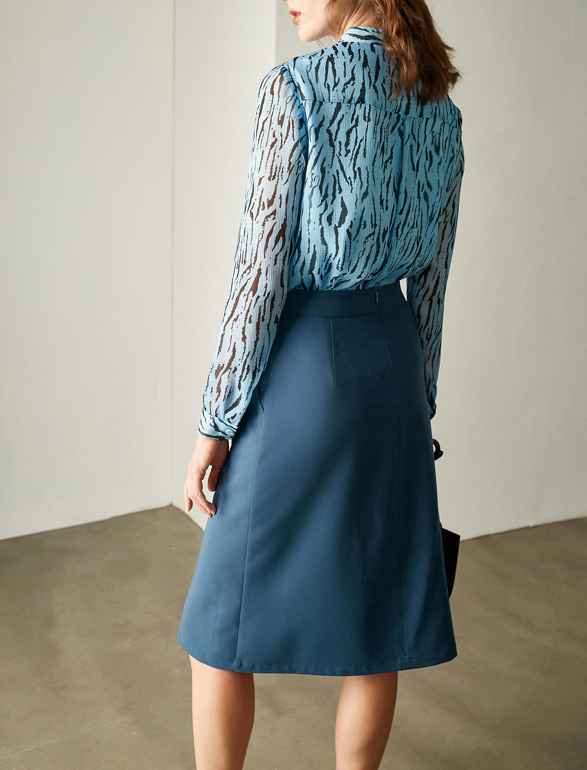 Ruffle Detail Zebra-Print Sheer Blouse