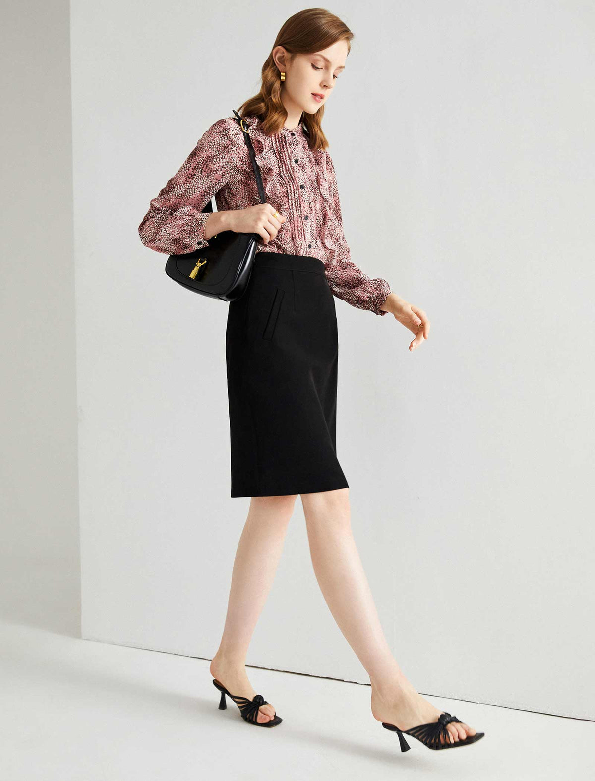 Print Ruffled Pleat Detail Blouse