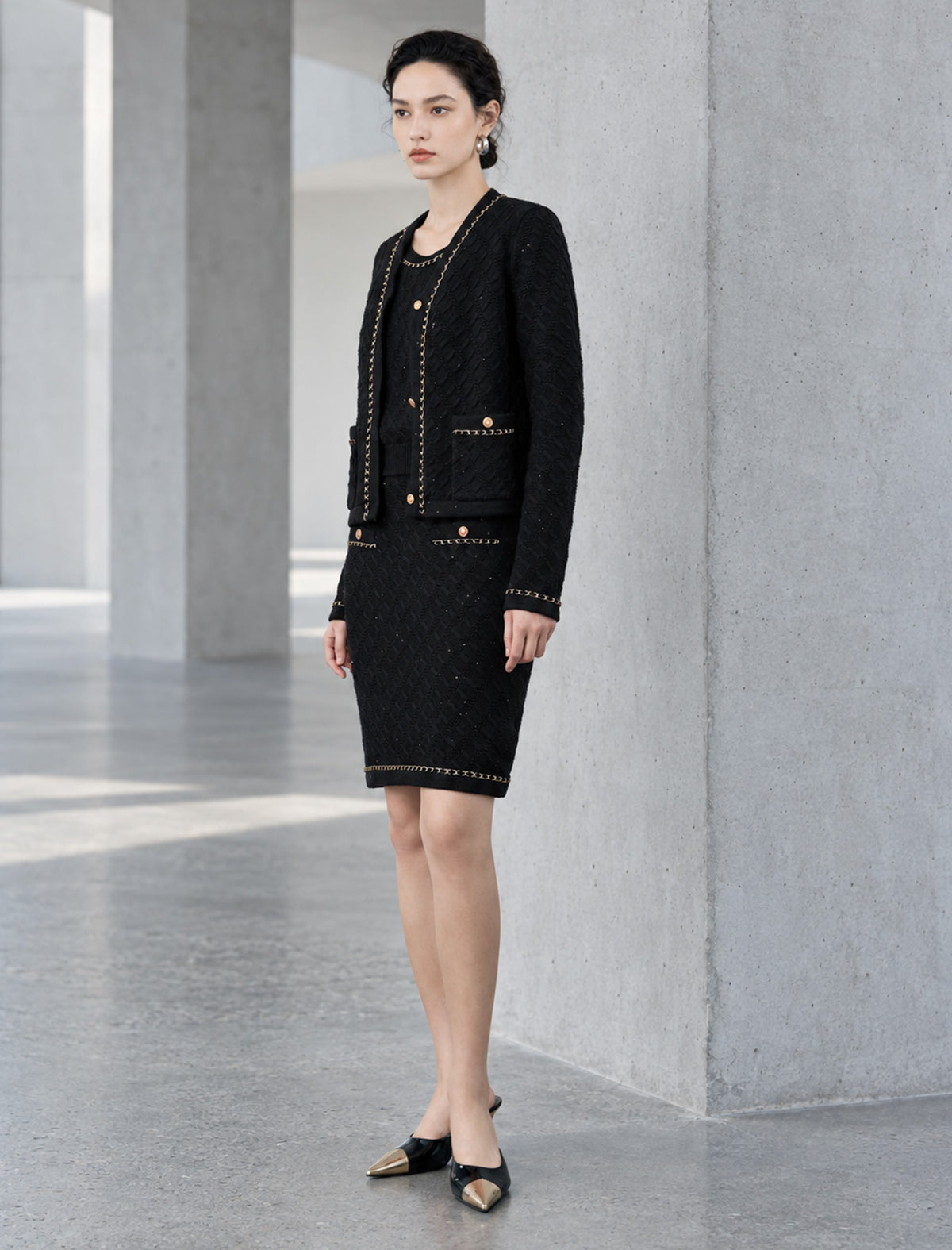 Textured Chain Trim Button Front Cardigan