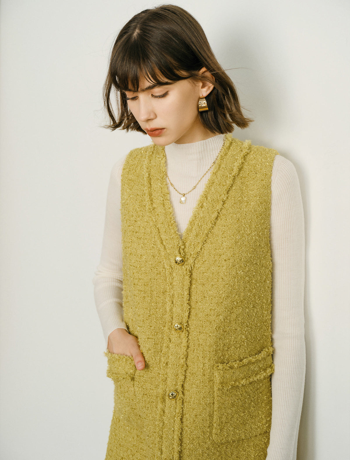 V-Neck Wool-Blend Sleeveless Knee-Length Dress
