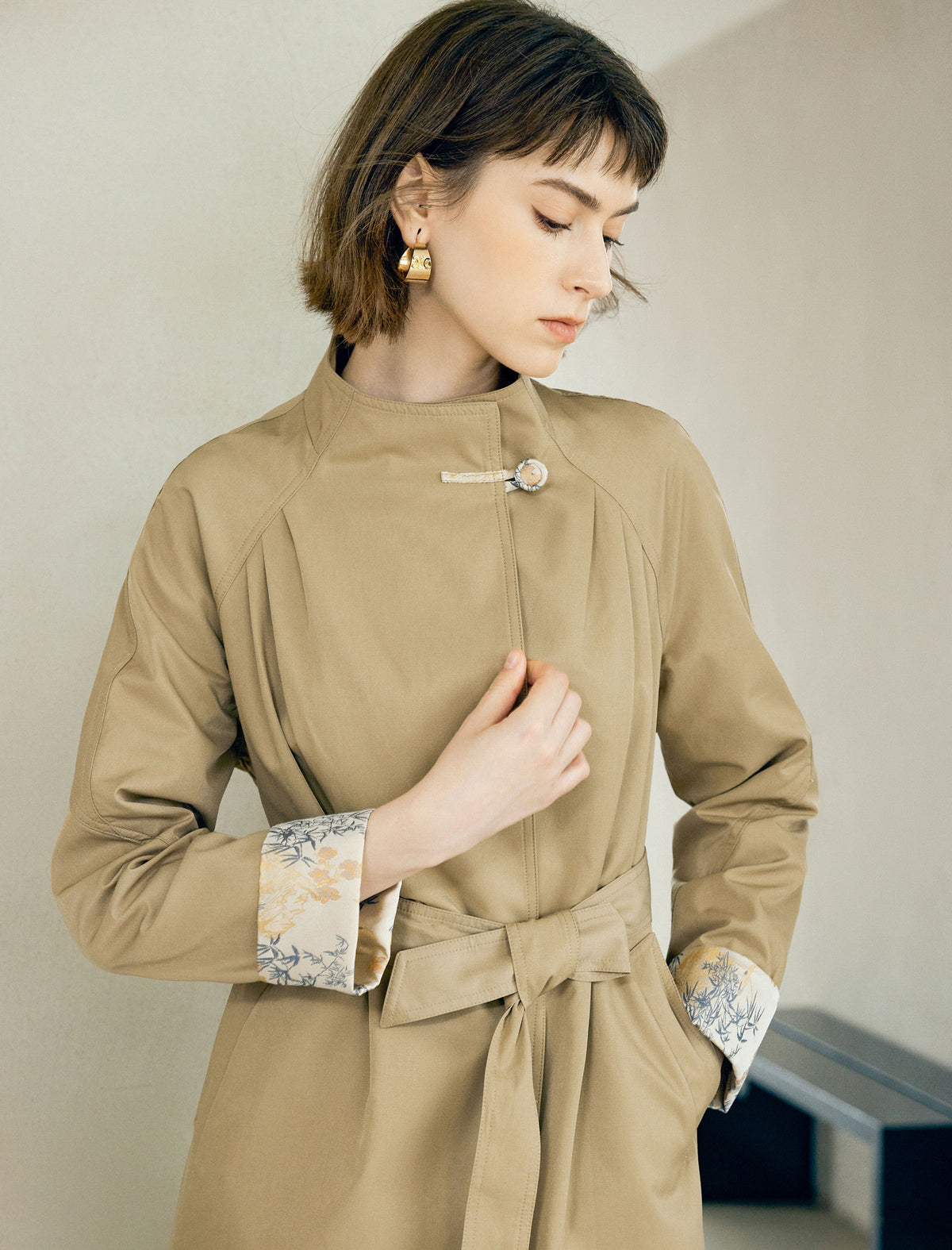 Floral Cuff Stand-Up Collar Belted Trench Coat