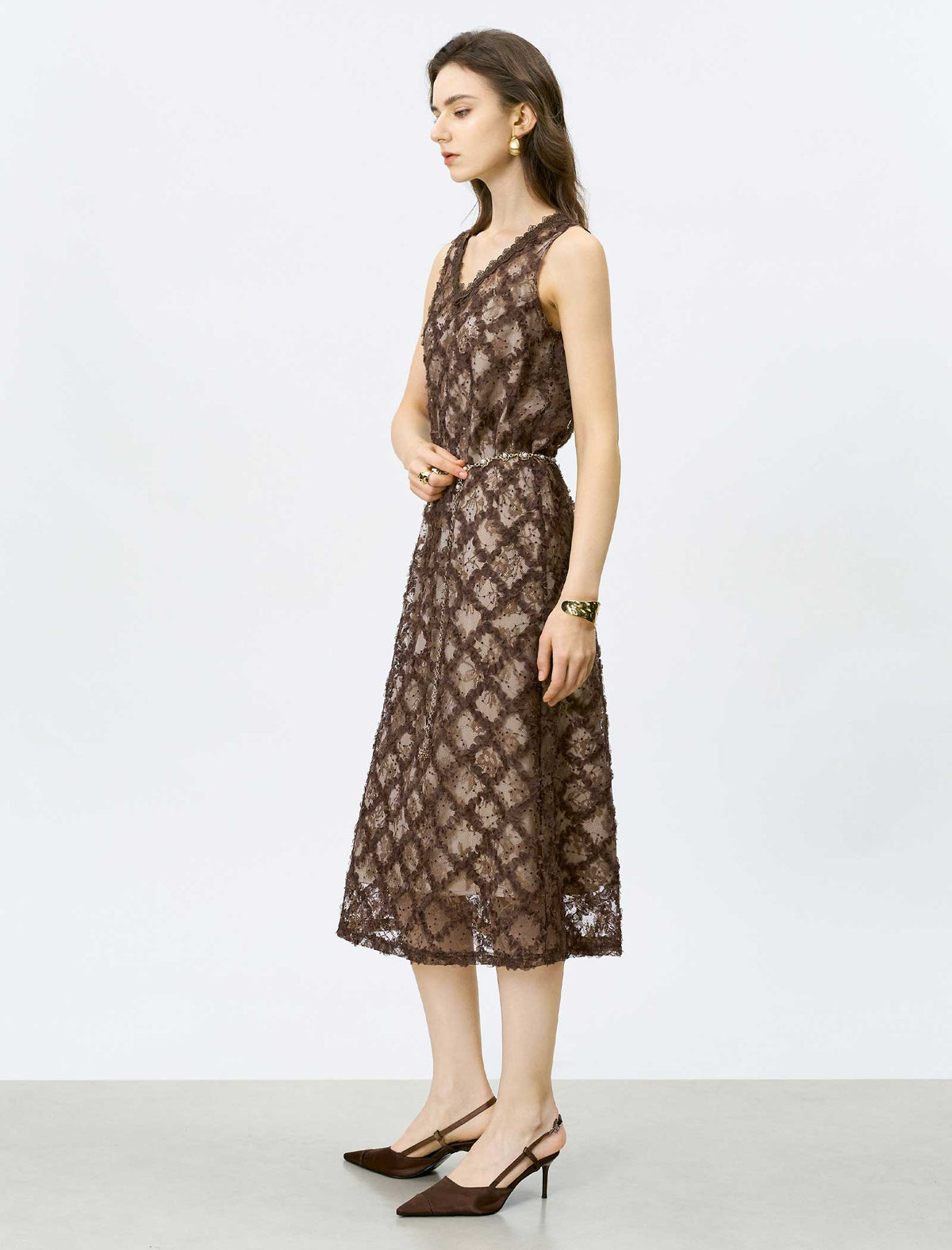 Brown Lace Embroidered Midi Dress