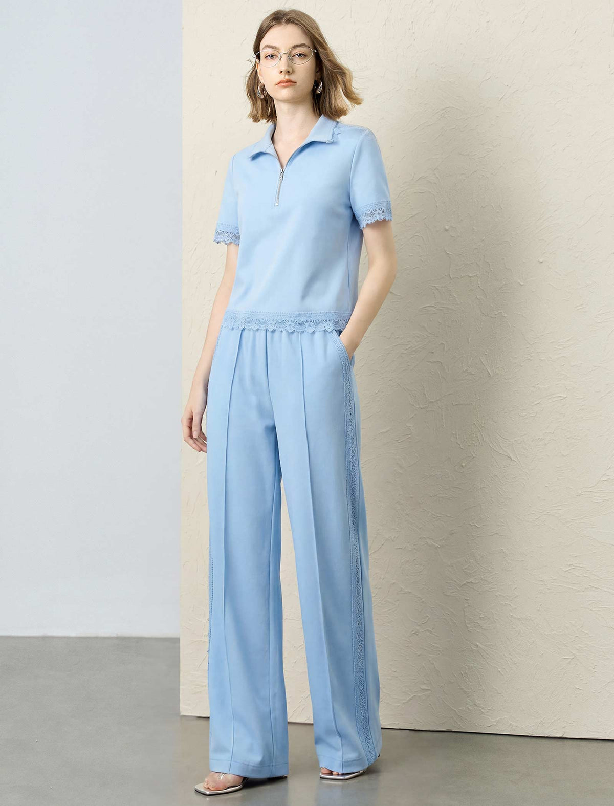 Light Blue Lace-Trim Wide-Leg Pants