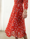 Bright Red Leaf-Print Midi Dress