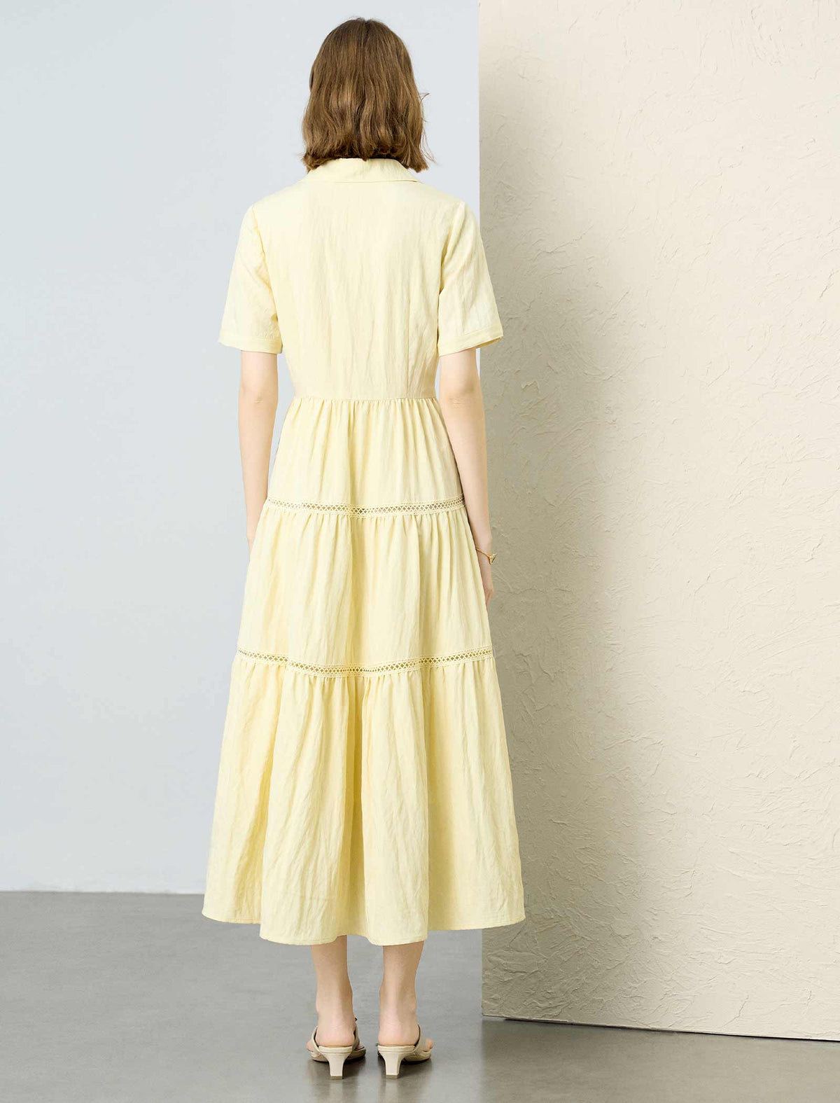 Pale Yellow Tiered Tencel Linen Midi Shirt Dress