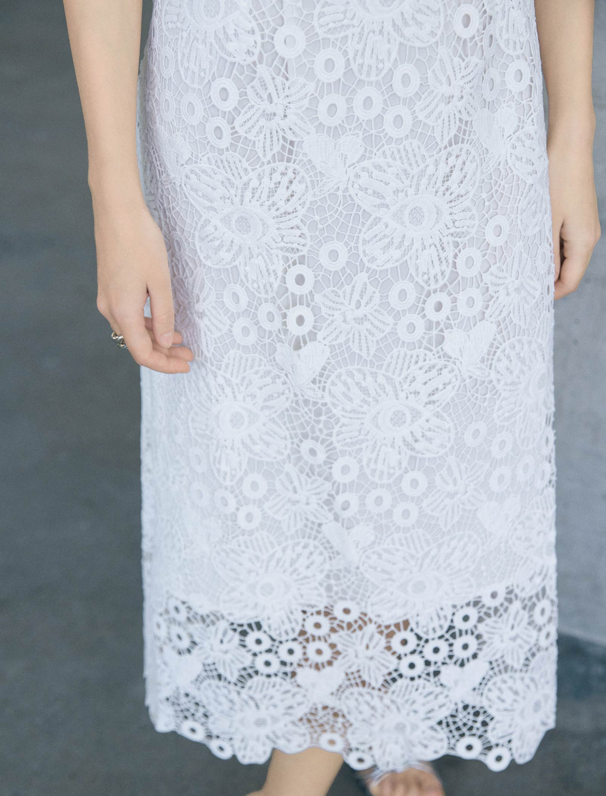 Sleeveless White Floral Crochet Lace Midi Dress