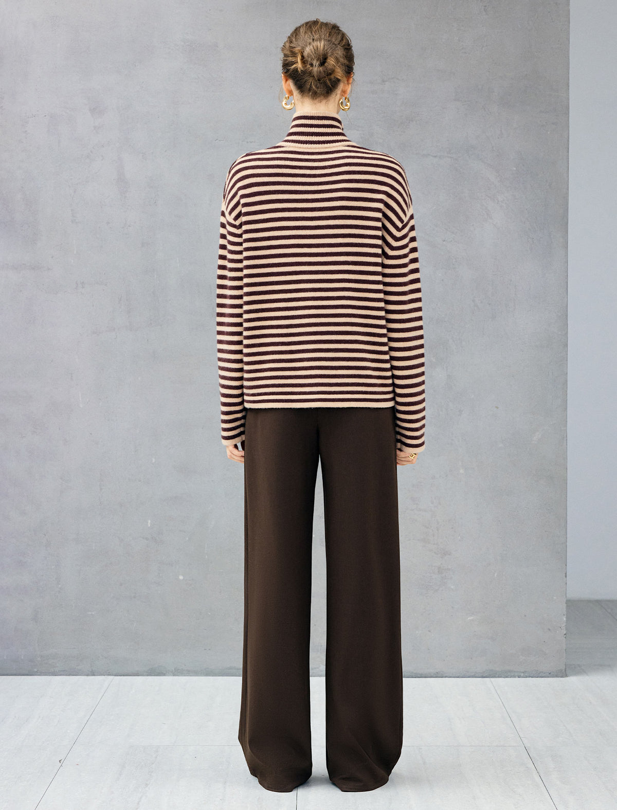 Wool Blend Striped Stand-Collar Half-Zip Relaxed Sweater