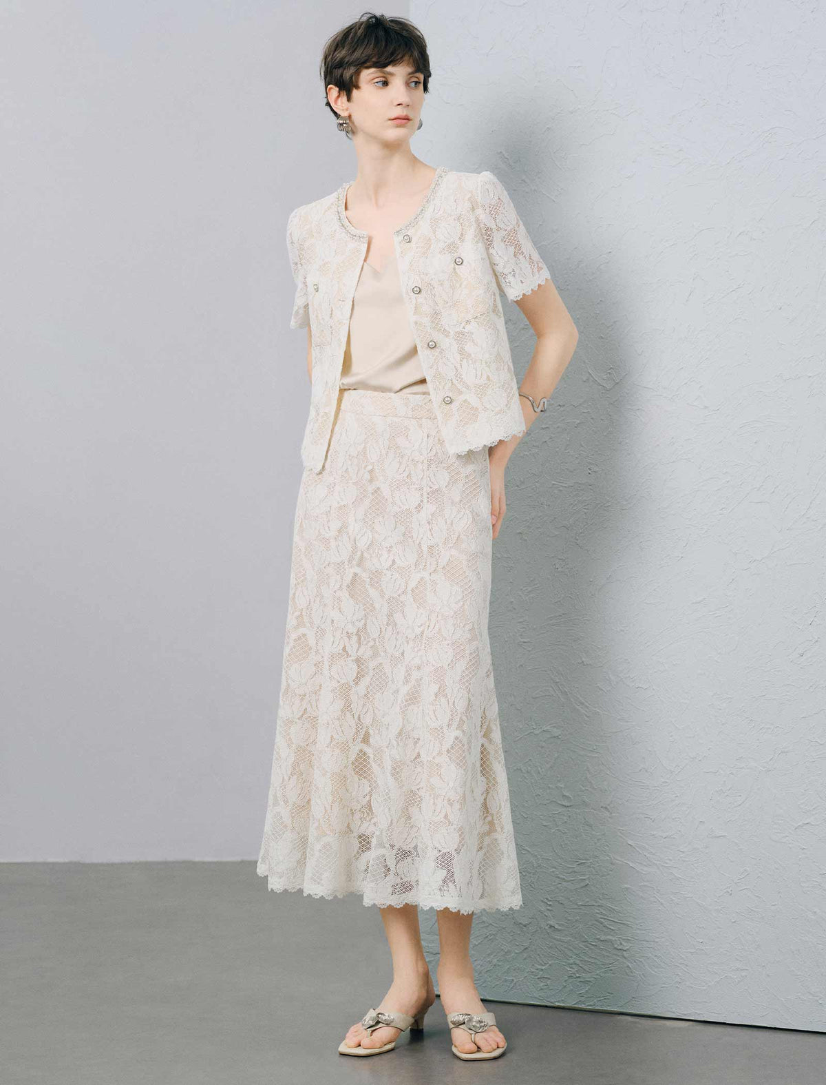 Ivory Floral Lace Midi A-Line Skirt