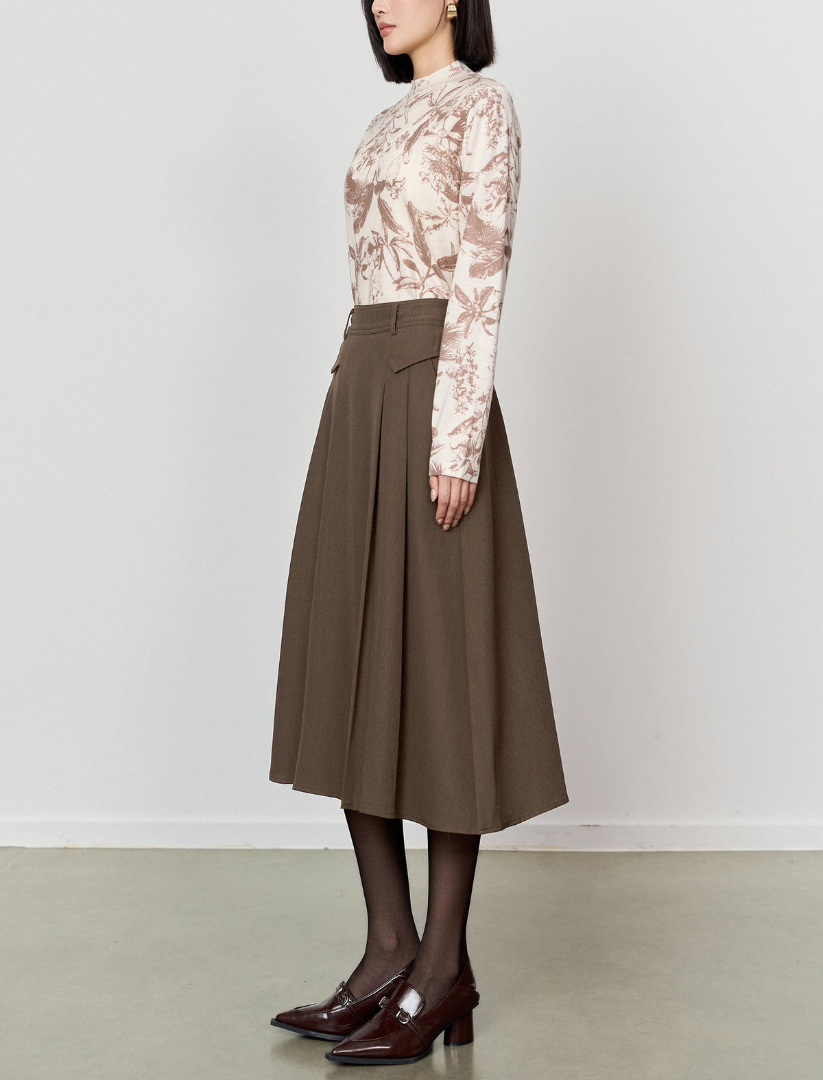 Brown Pleated A-Line Midi Skirt
