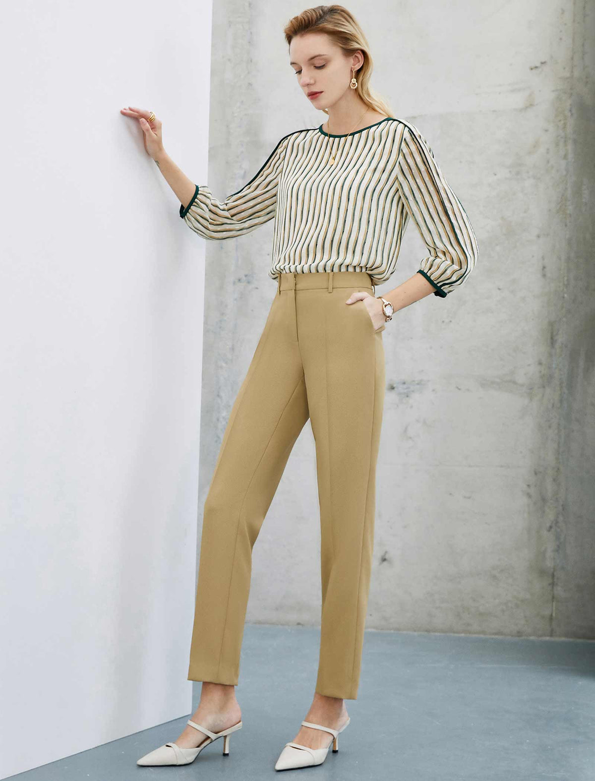 Crew Neck Striped 3/4 Sleeve Top