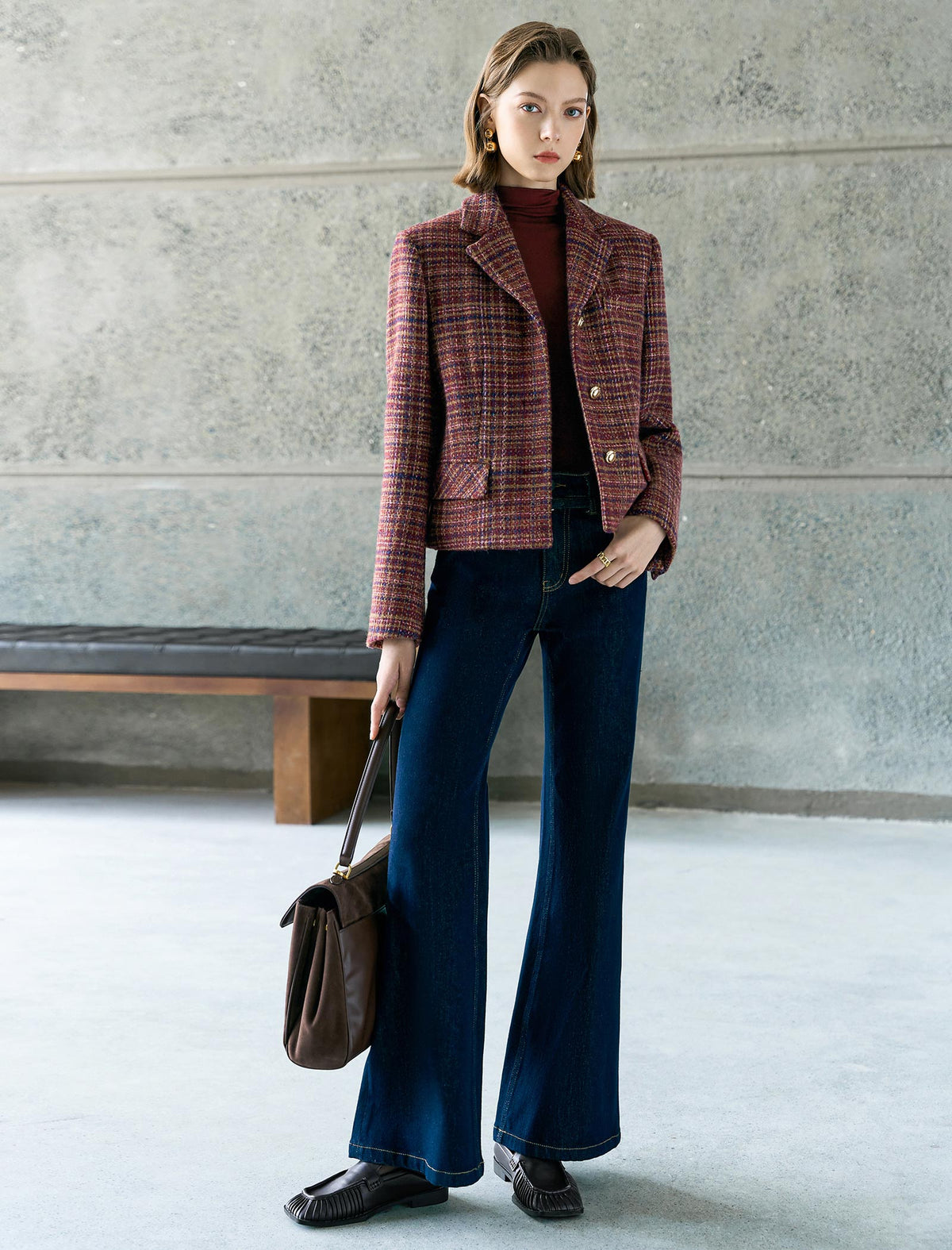 Wool Red Plaid Lapel Short Coat
