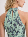 Green Tropical Leaf Print Halter Maxi Dress
