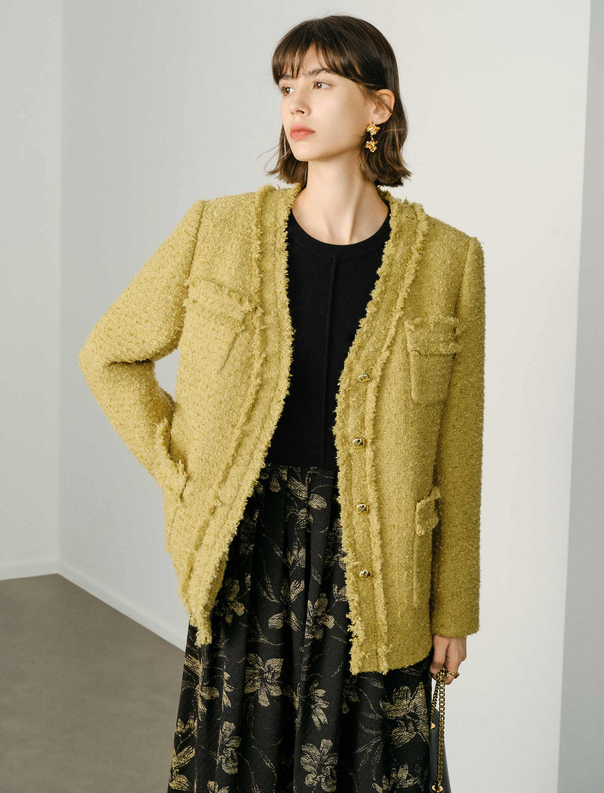 Tweed Wool-Blend V-Neck Jacket