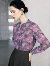 Printed Stand Collar Pleated Chiffon Blouse