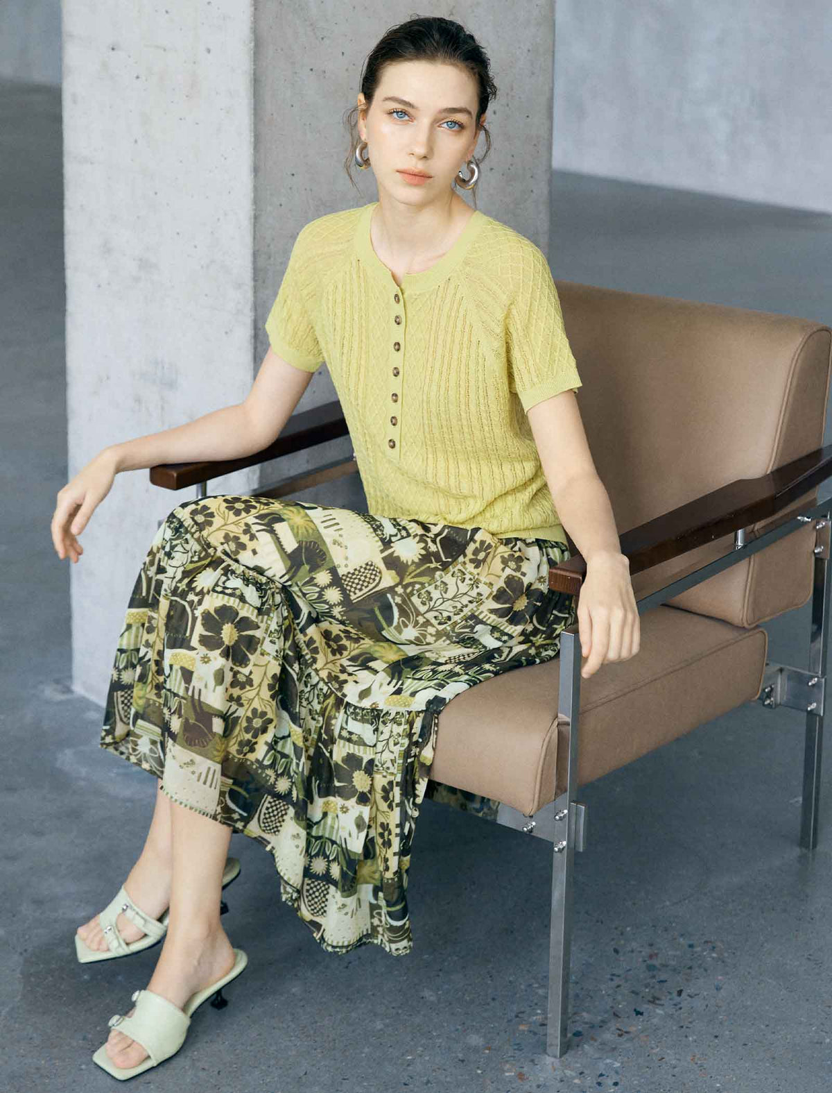 Pale Yellow Half Button Hollow Out Knit Short Sleeve Top