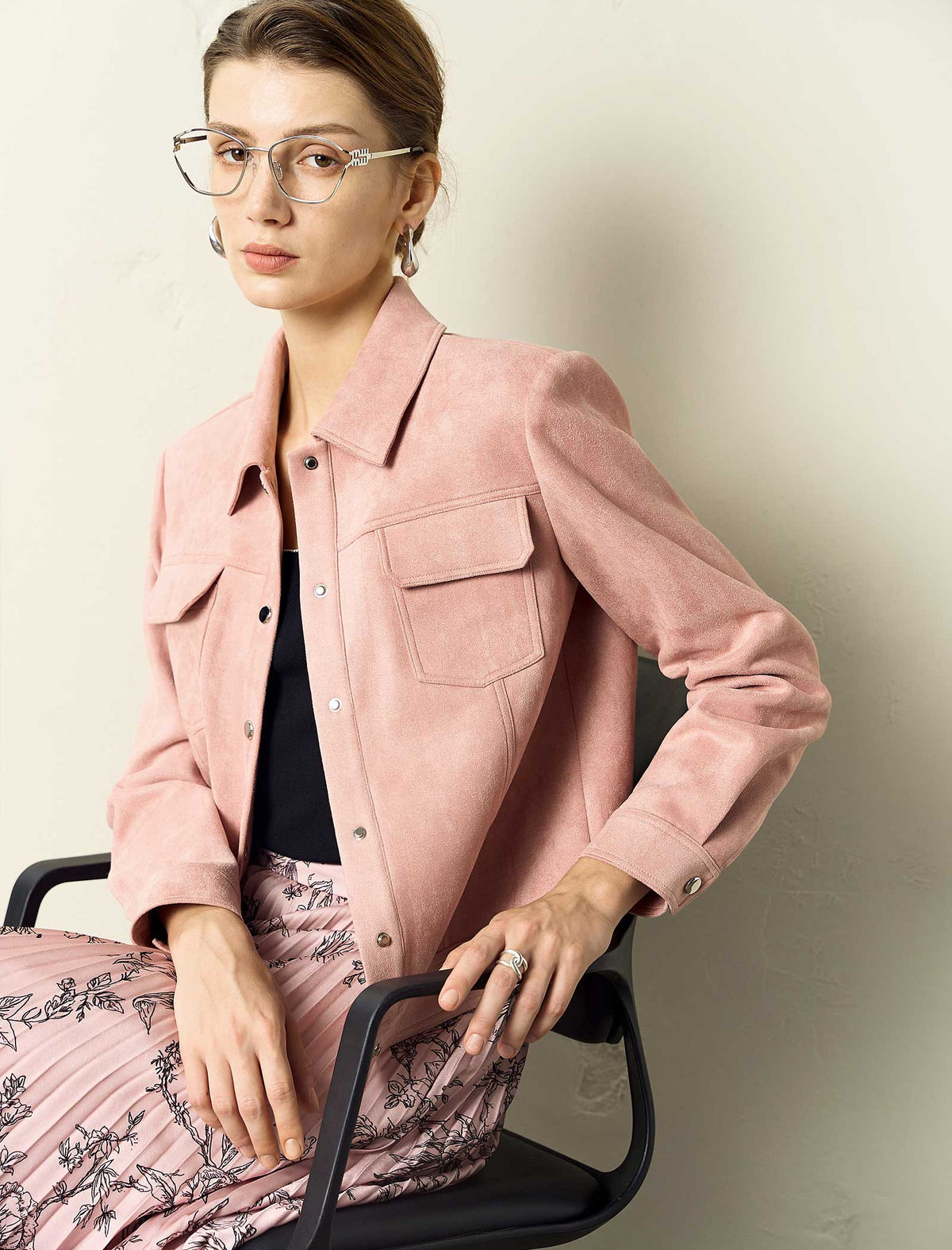 Suede-Feel Shirt Collar Button Jacket