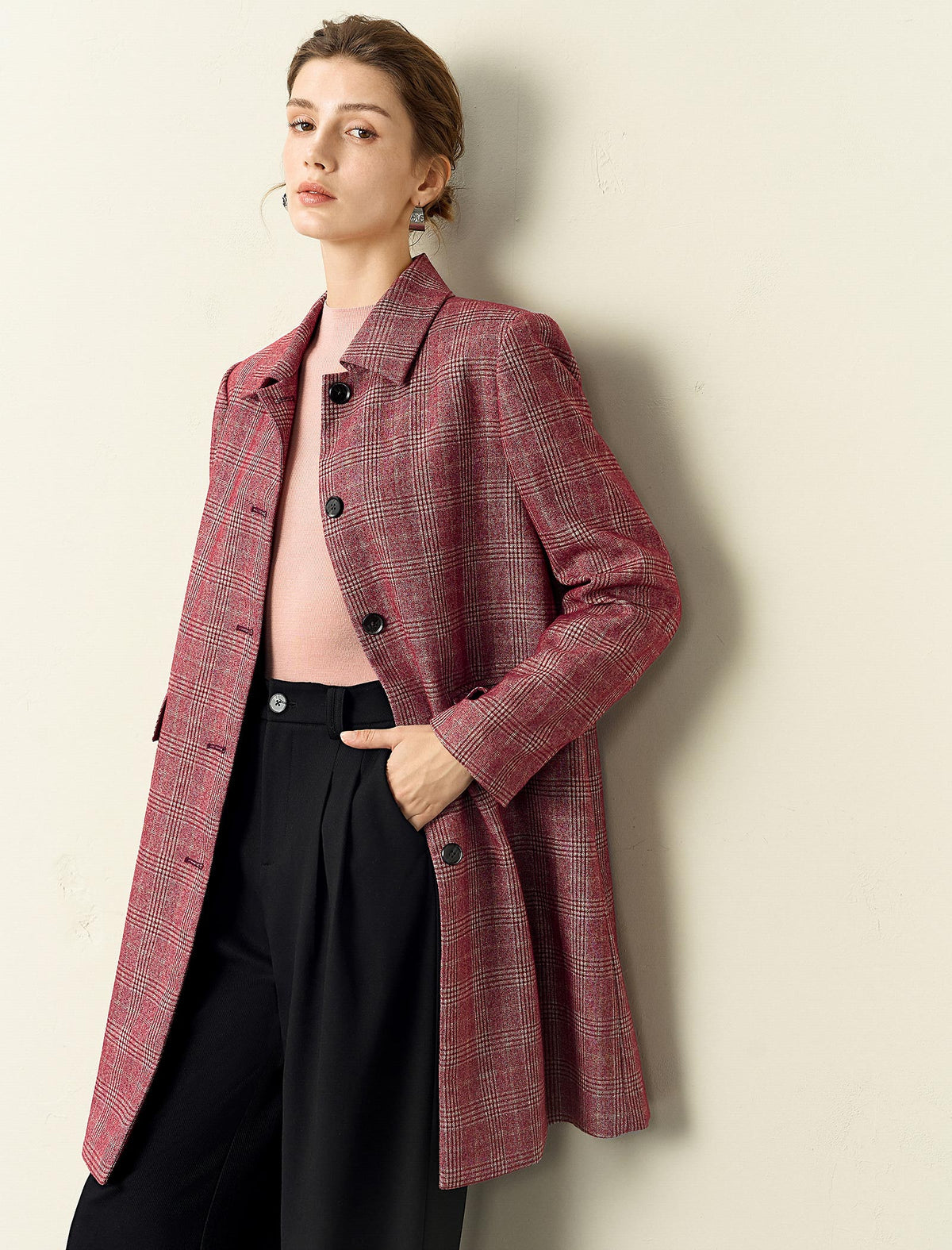 Red Plaid Straight Cut Midi Coat