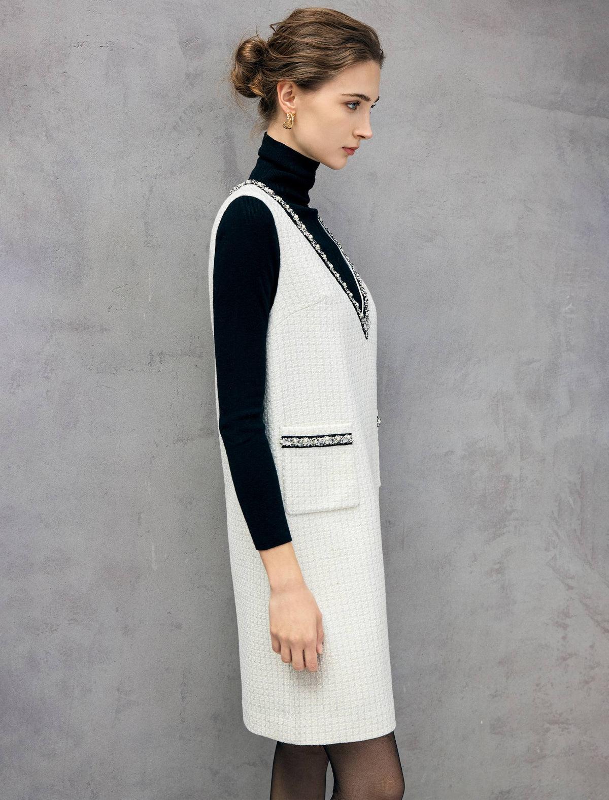 Wool Blend Braided-Trim V-Neck Pocket Sleeveless Dress